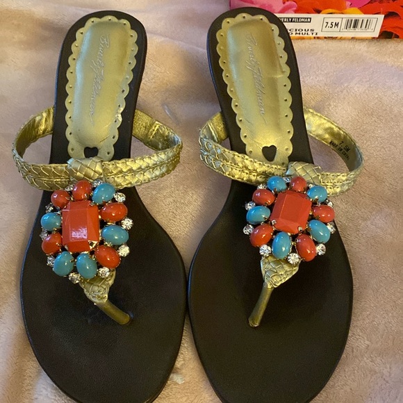 Beverly Feldman Shoes - Beverly Feldman jeweled faux turquoise and coral gold sandal heel size 71/2